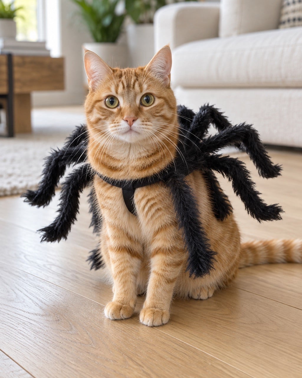 Orange tabby cat wearing the giant spider costume