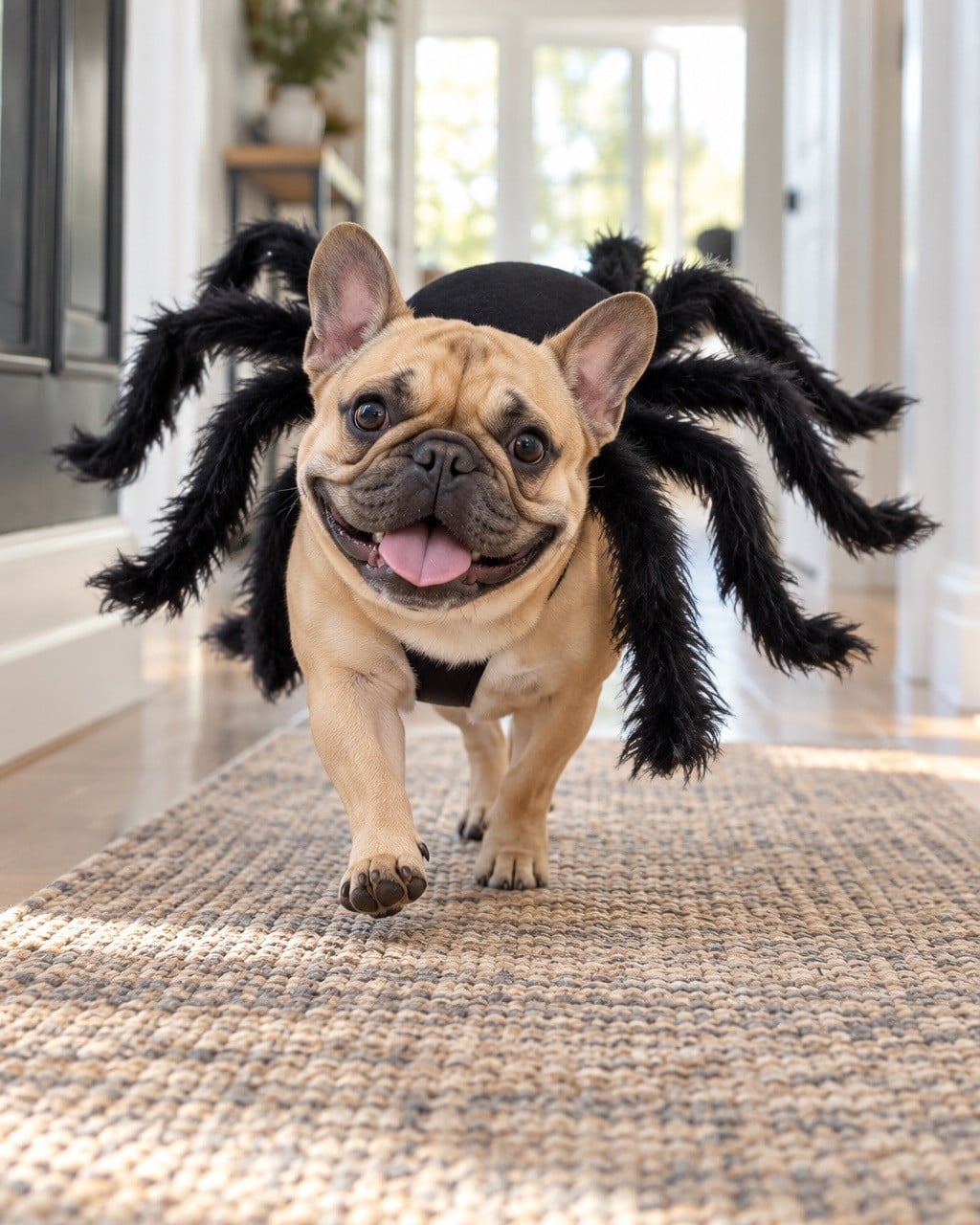 French Bulldog trotting in the spider costume