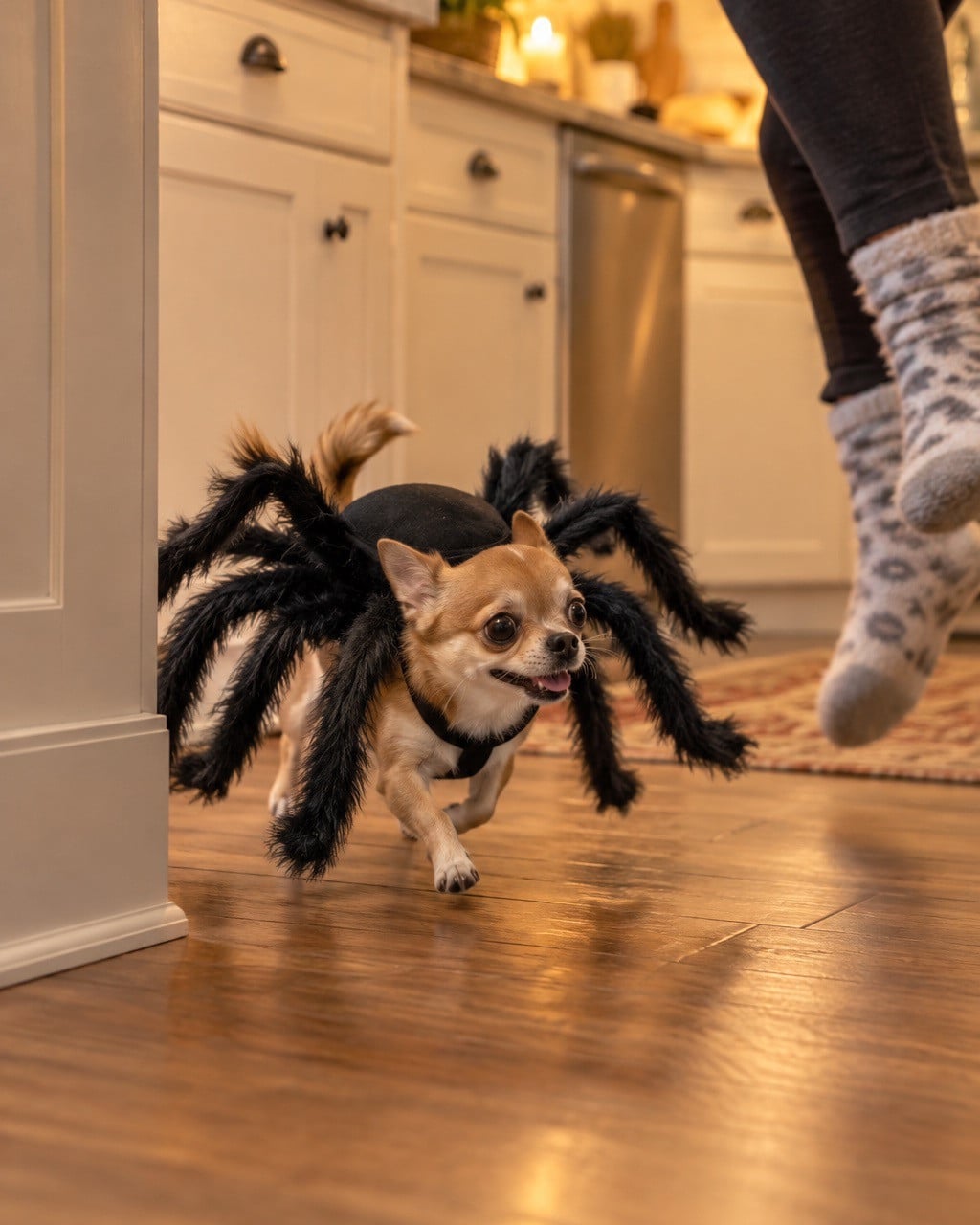 Chihuahua in the spider costume surprising its owner