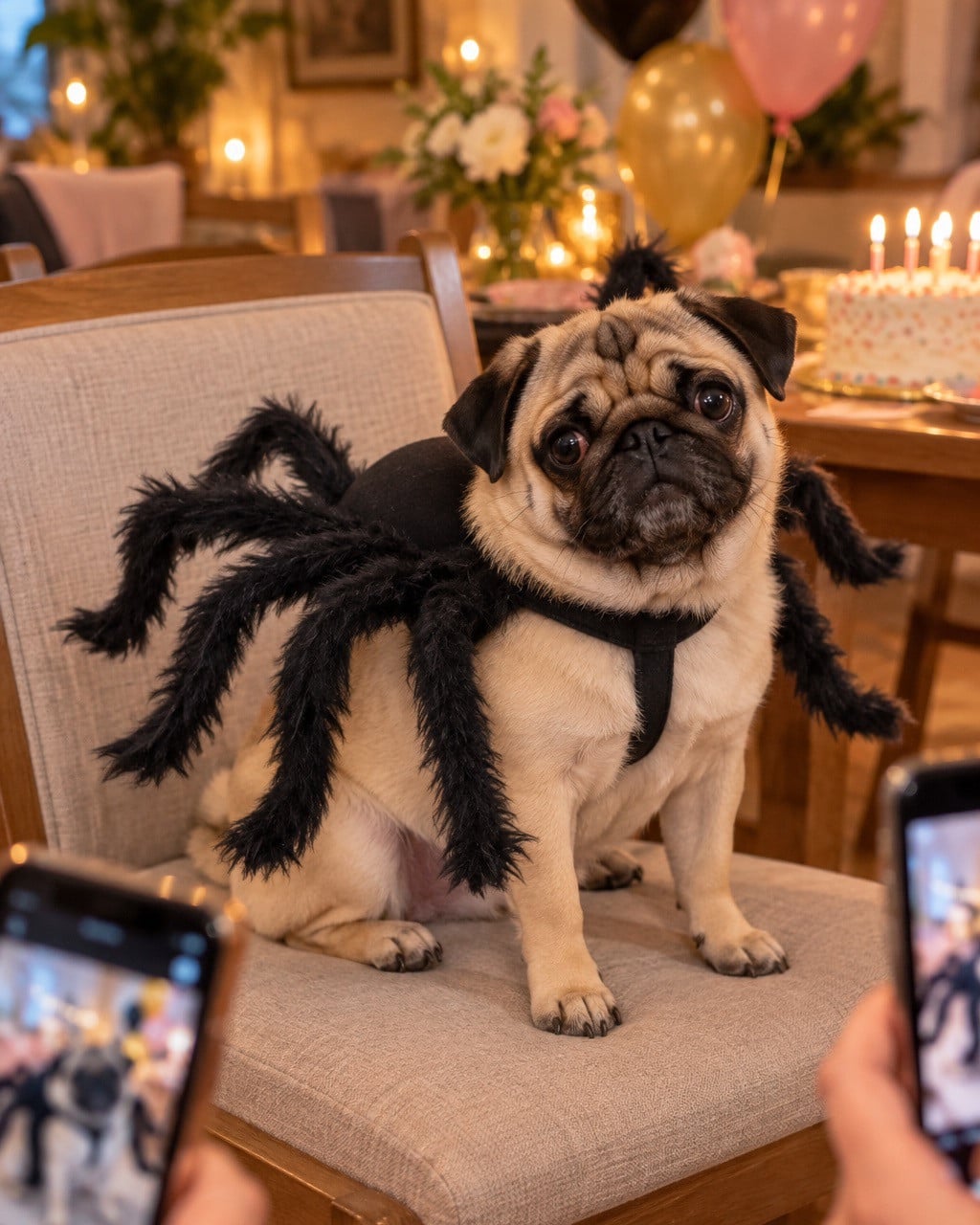 Pug in the spider costume at a birthday party