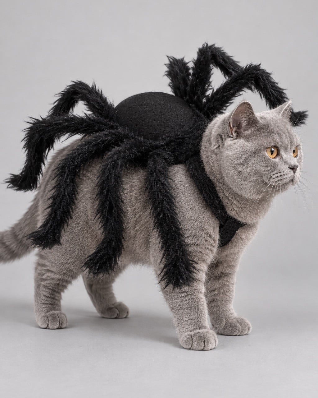 Close-up of the chest strap and furry legs on a grey cat