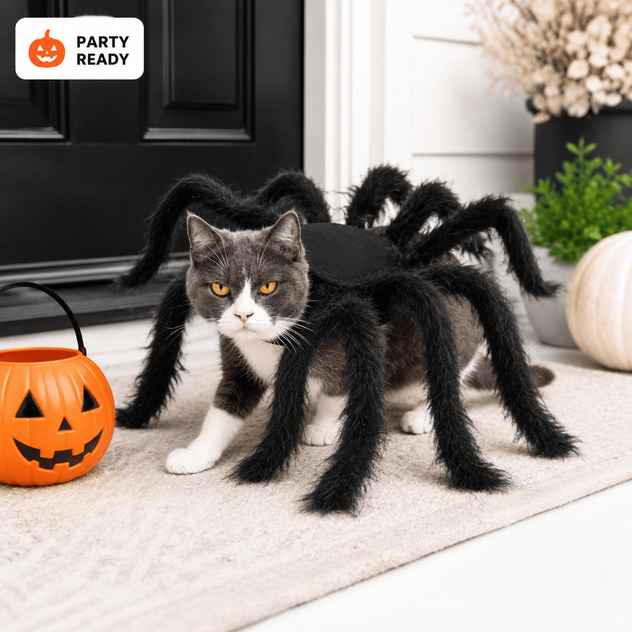 Cat wearing the Giant Spider costume on a front porch