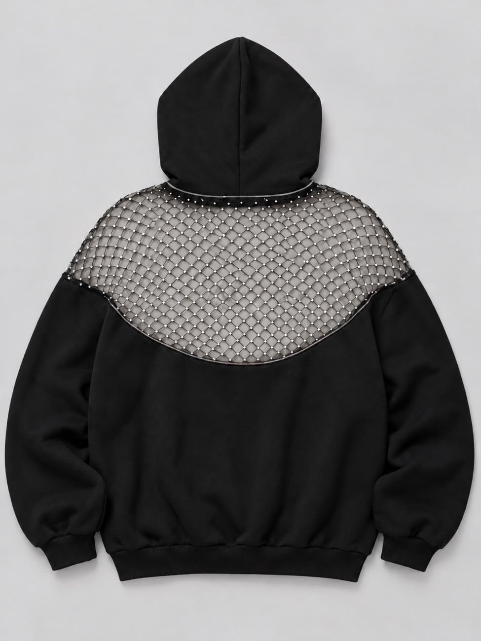 Black Halo Mesh Hoodie, back view, flat lay