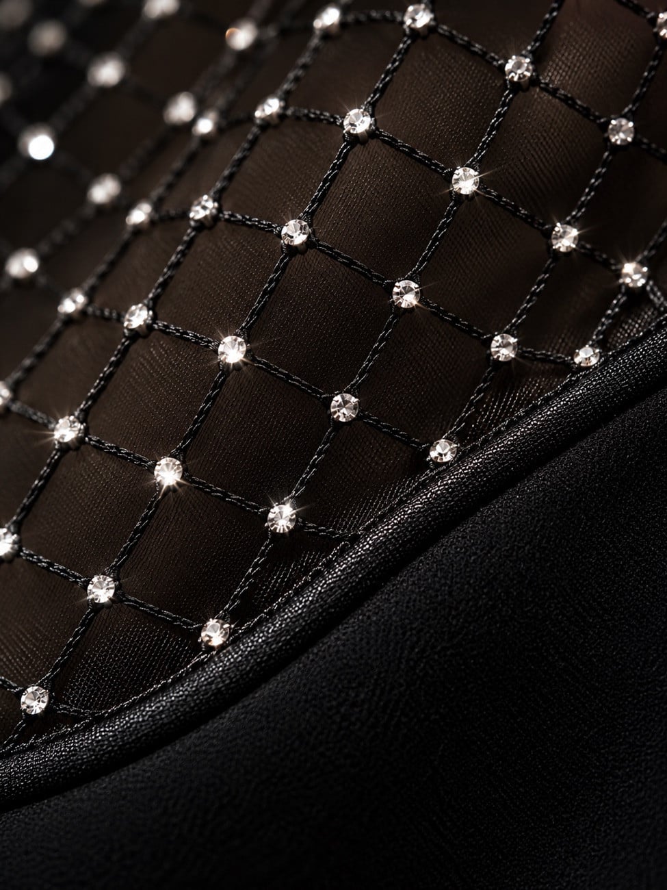Close-up of the fishnet mesh with clear rhinestones catching light against a dark background