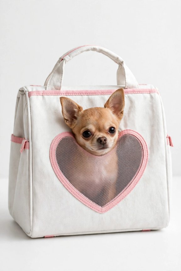 Chihuahua peeking out of white carrier bag with heart window