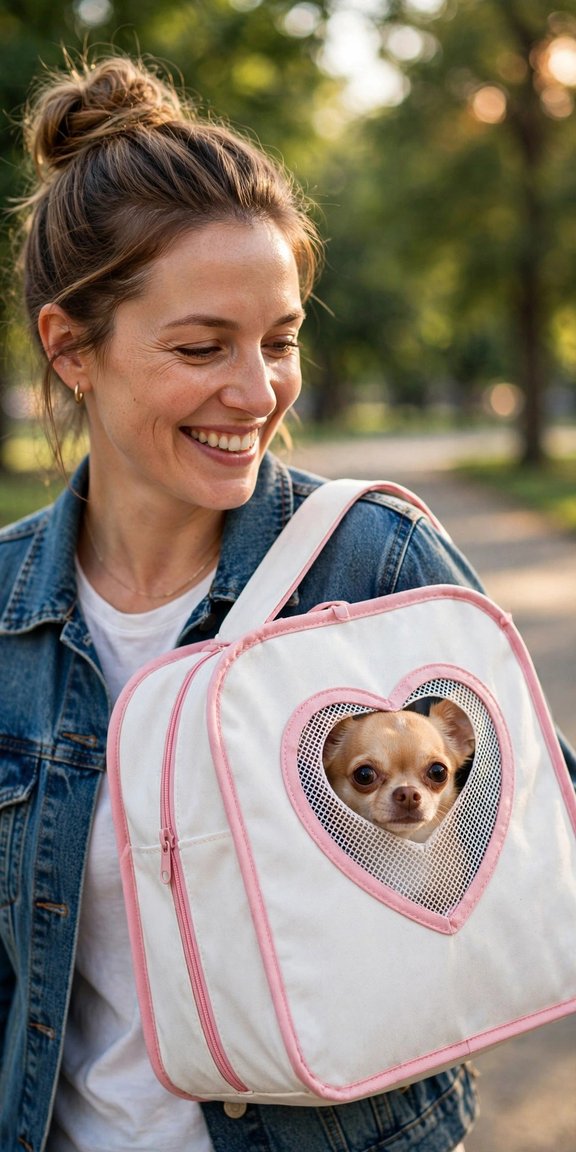 Woman carrying chihuahua in carrier bag outdoors