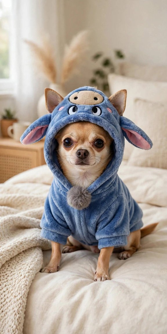 Chihuahua wearing blue donkey animal hoodie