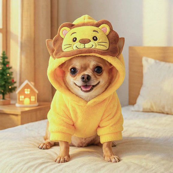 Chihuahua wearing yellow lion animal hoodie