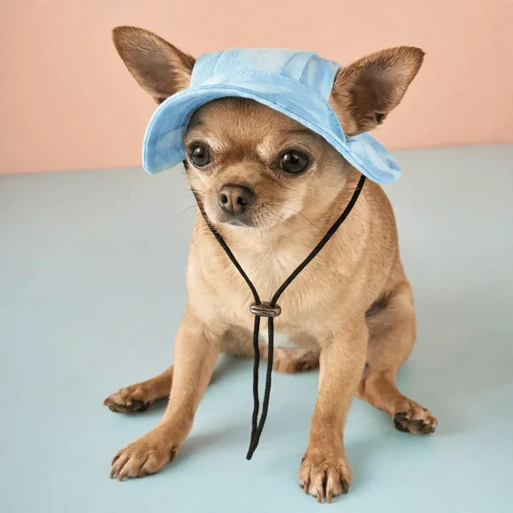 Chihuahua wearing blue sun hat
