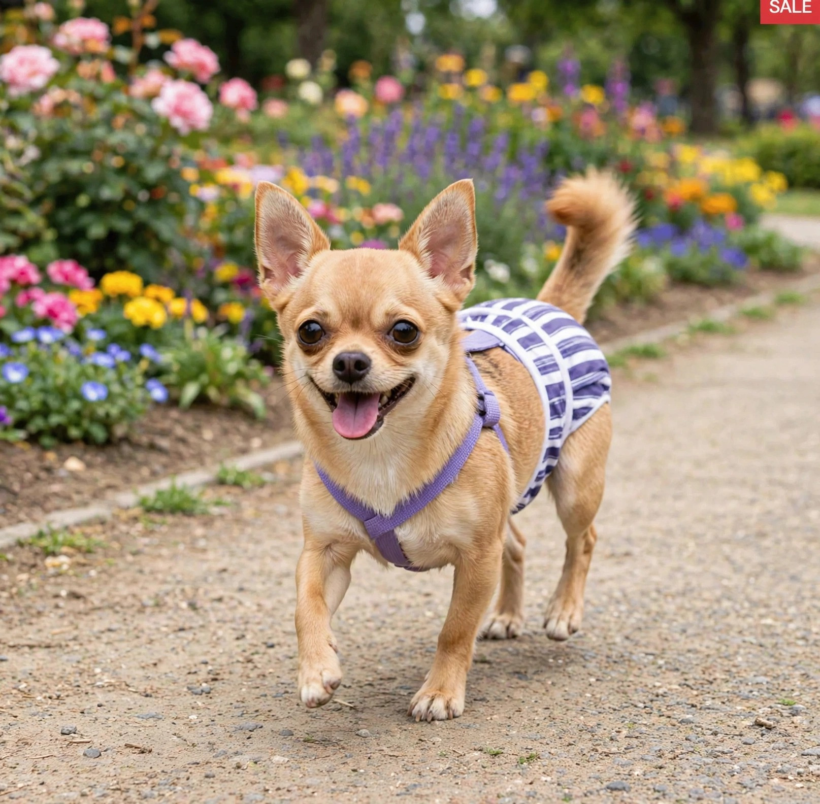 Chihuahua in reusable diapers outdoors