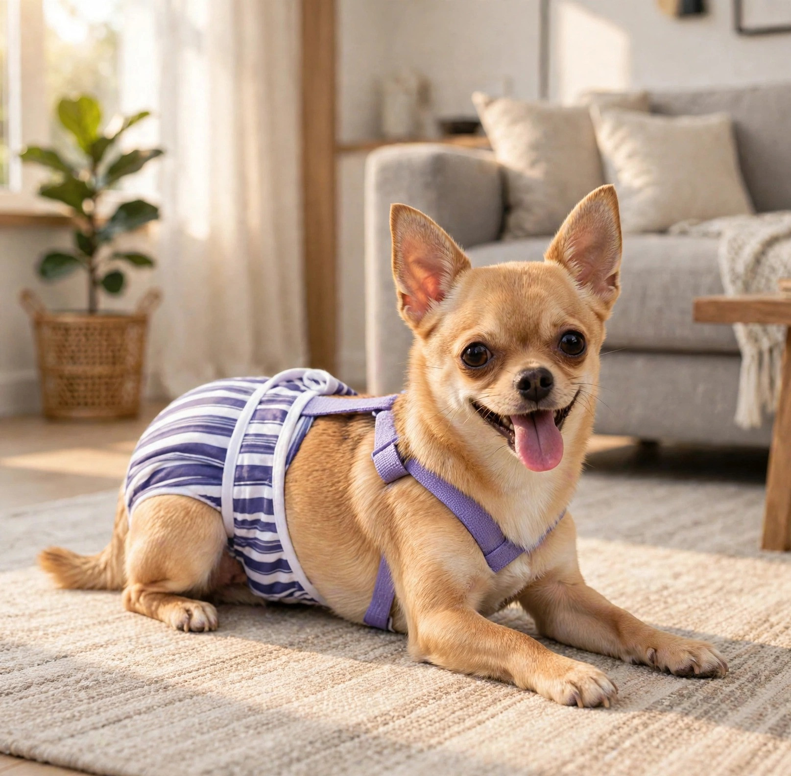 Chihuahua wearing washable suspender diapers
