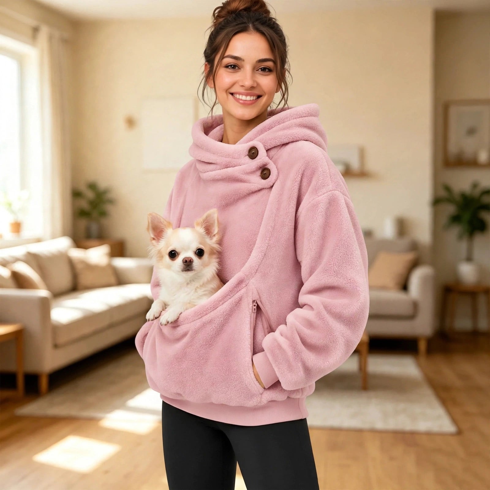 Chihuahua sitting in front pocket of pink carrier hoodie
