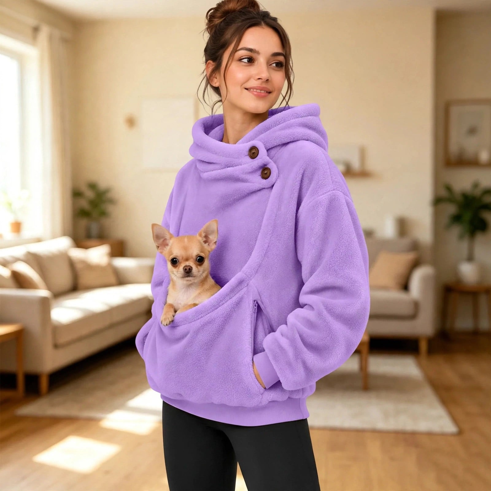 Chihuahua sitting in front pocket of purple carrier hoodie