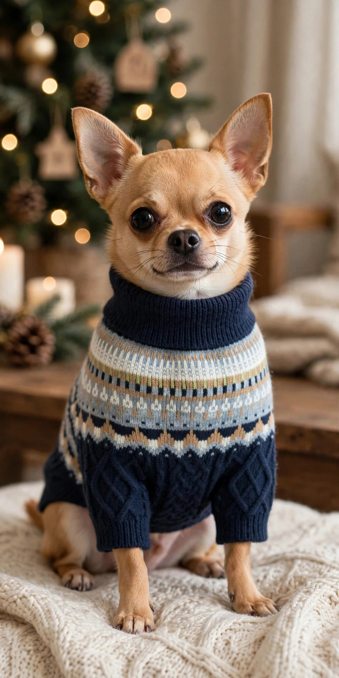 Chihuahua wearing navy Fair Isle Christmas sweater