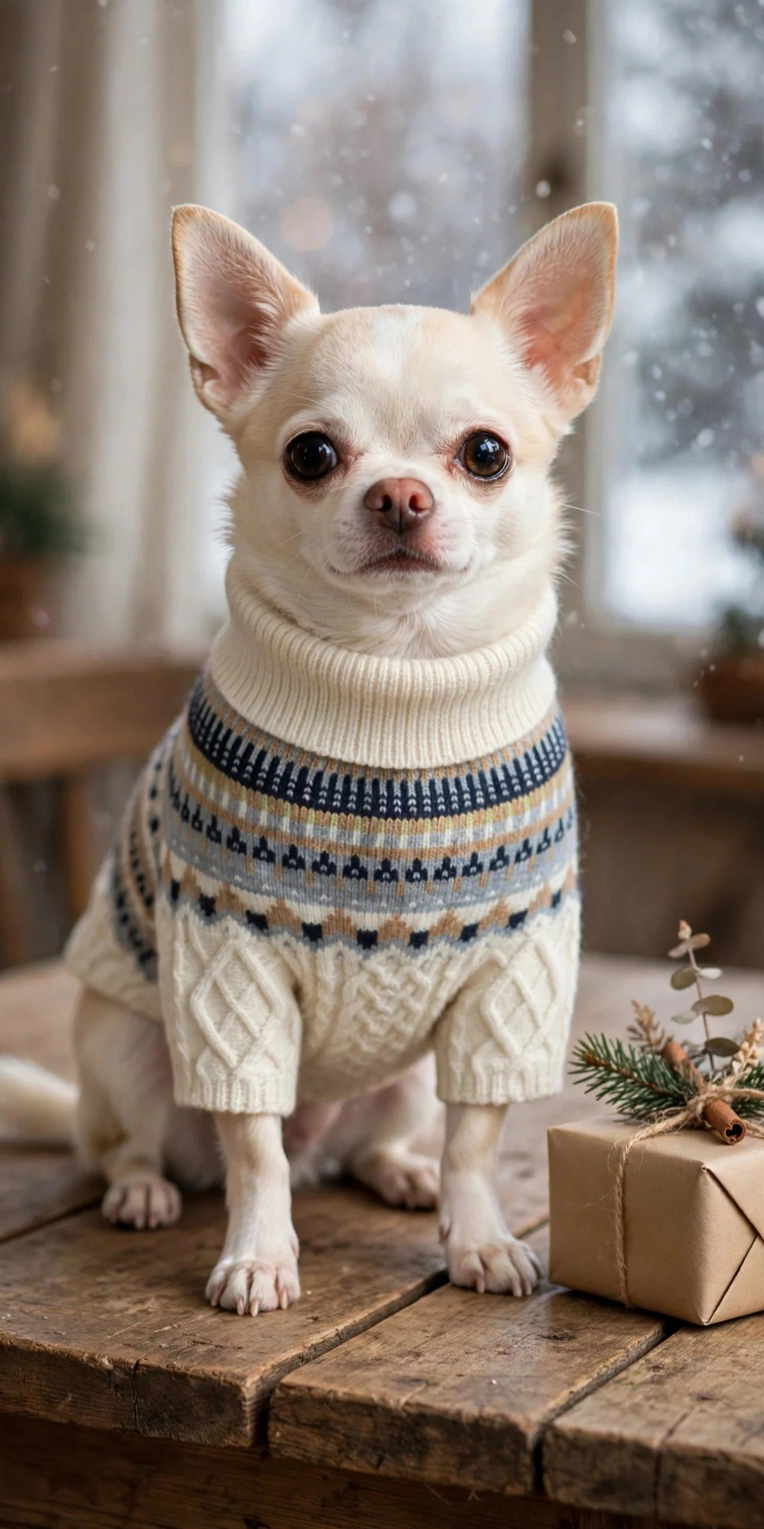 Chihuahua wearing cream cable-knit Christmas sweater