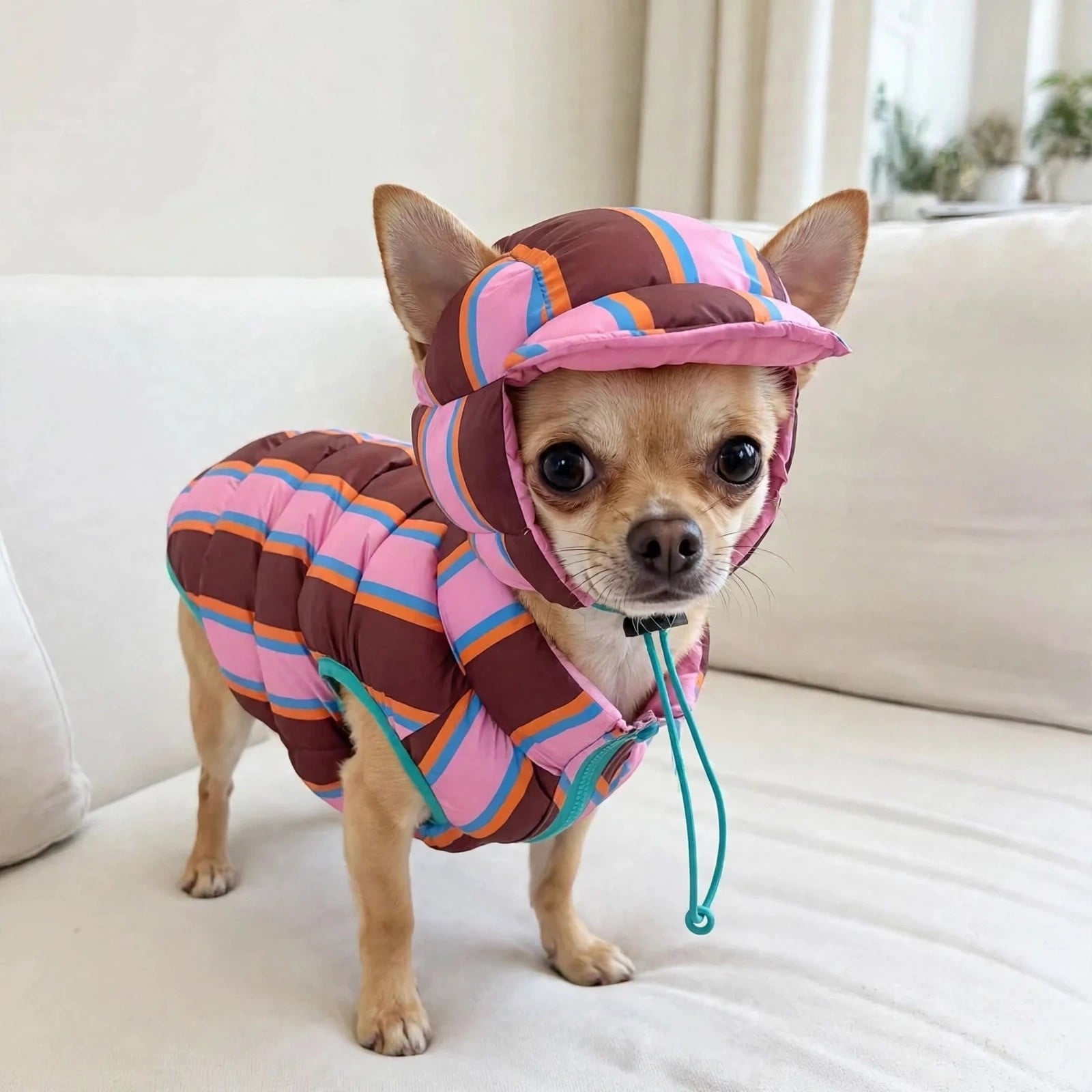 Chihuahua wearing rainbow striped winter coat with hat
