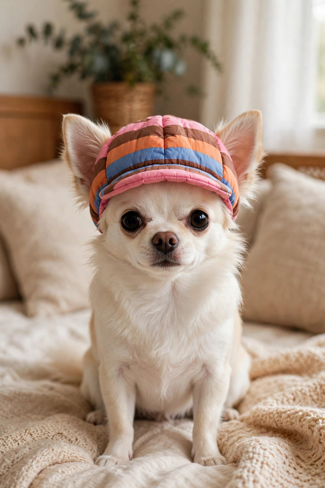 Chihuahua wearing rainbow striped dog hat