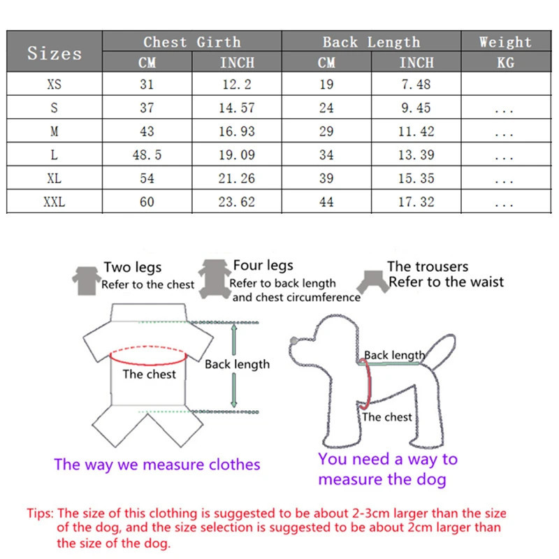 Size chart - Cozy Winter Dog Hoodie for Chihuahuas