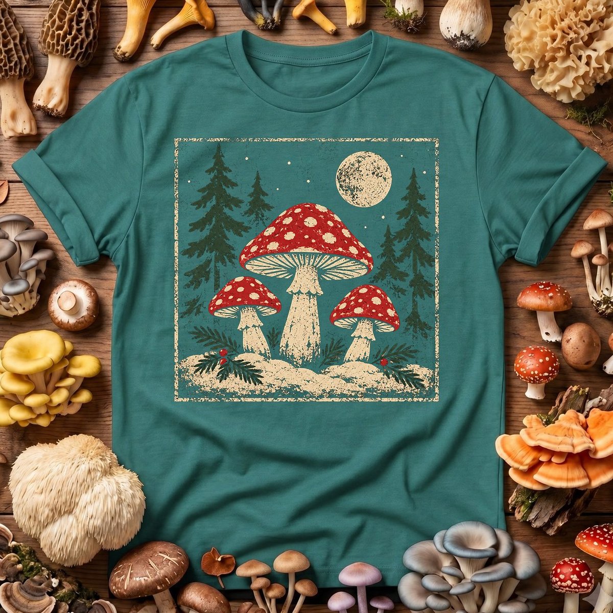 Mushrooms Under the Winter Moon T Shirt