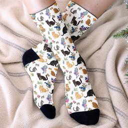 Cat Crew Socks Cute Floral Cats