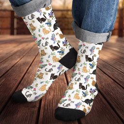 Cat Crew Socks Cute Floral Cats