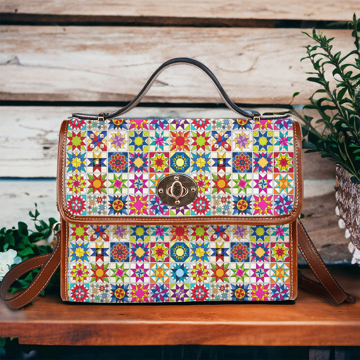 Sewing Lover Satchel Handbag Colorful Quilt Blocks