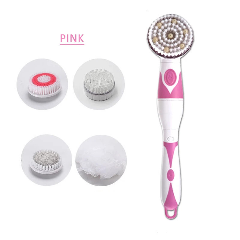 Electric facial cleansing brush pink with four interchangeable heads