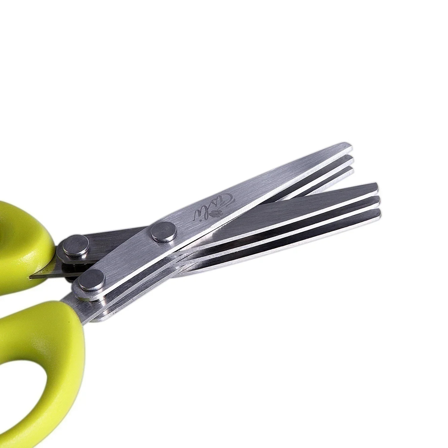 Sharp multi-blade herb scissors with ergonomic green grip"