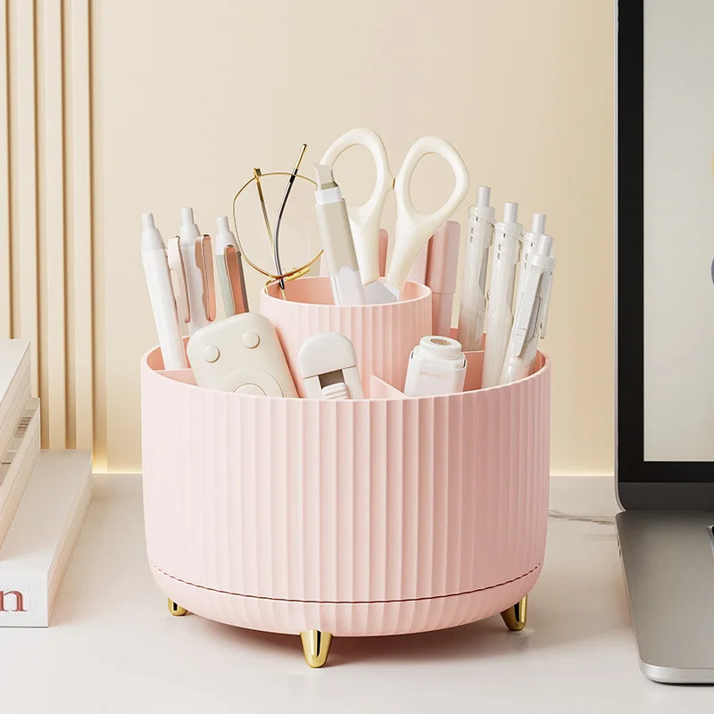 Pink rotating makeup storage organizer with compartments