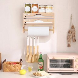 Bamboo wall mounted spice rack and paper towel holder with kitchen accessories