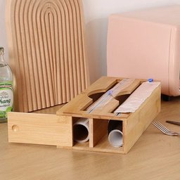 Bamboo countertop storage organizer with wrapping paper roll holder