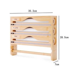 Side view of bamboo paper towel holder with compartment storage rack
