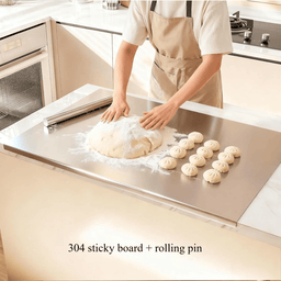 Woman kneading dough on 304 stainless steel chopping board with rolling pin