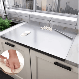 Close up of non-slip edge on stainless steel cutting board