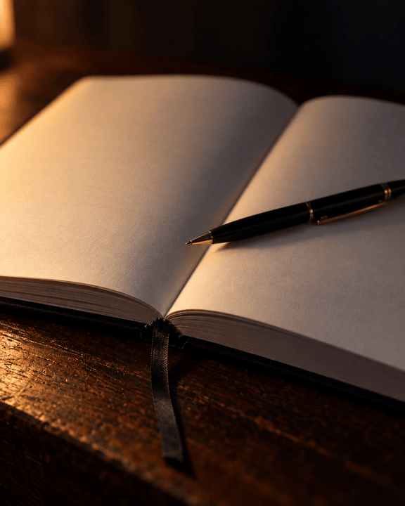 The journal lying open in low evening light, a pen resting on the page.