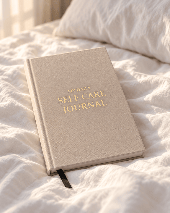 The journal resting on white bed sheets in soft morning light.