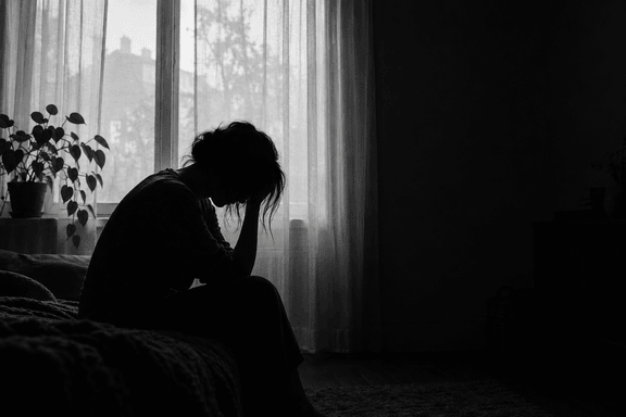 Black-and-white silhouette of a woman by a window, her head in her hand.