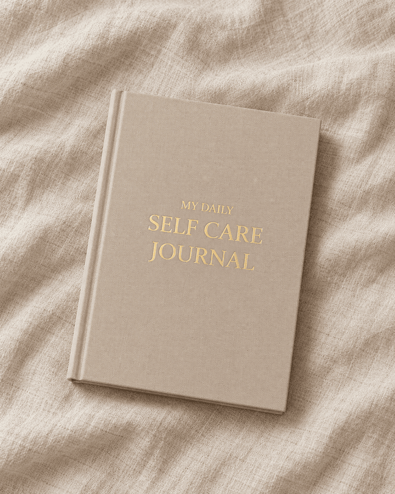 The Mightli Journal, a sand-colored linen hardcover with gold lettering, on linen fabric.