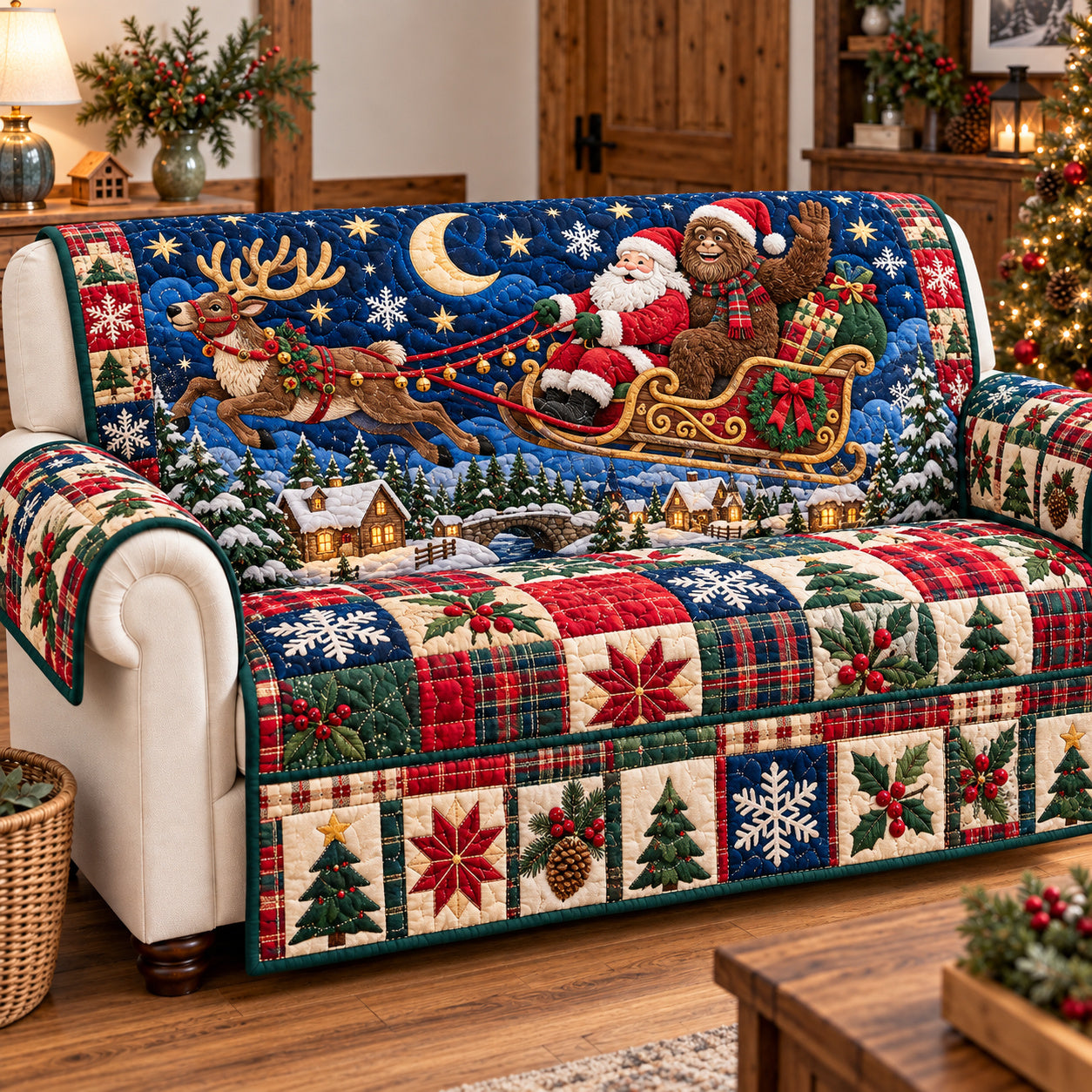 Bigfoot Santa Claus Holiday Quilted Sofa Cover Quilted Couch Holiday Xmas Cover Gifts