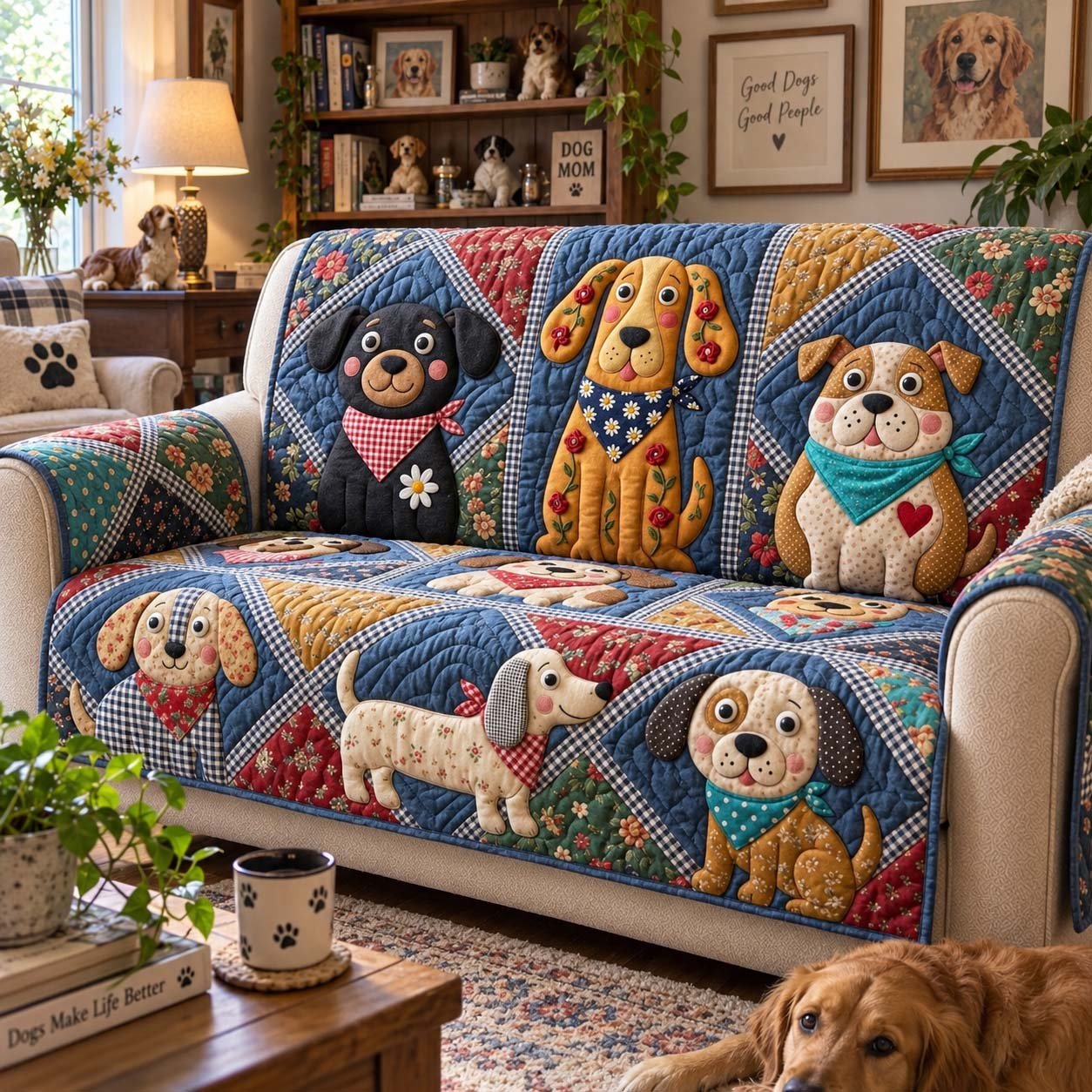 Happy Dog Cottage Quilted Sofa Cover Festive Sofa Cover Christmas Gifts For Dog Lover