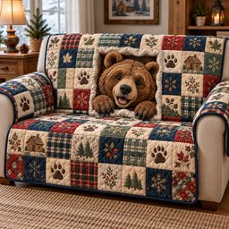 Bear Winter Cabin Quilted Sofa Cover Cozy Living Room Xmas Decor Christmas Presents