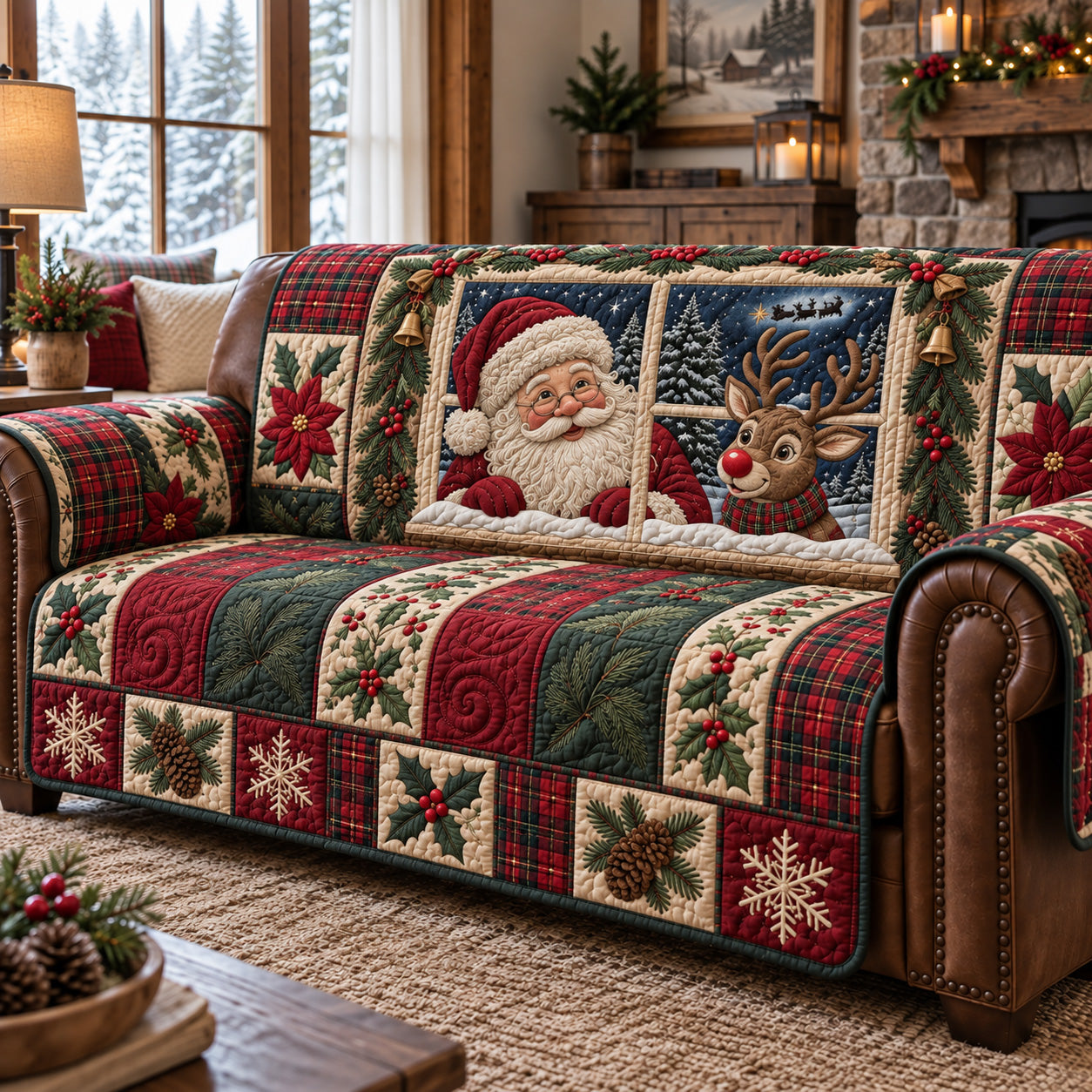 Jolly Christmas Window Quilted Sofa Cover Holiday Furniture Protector Dad Gifts