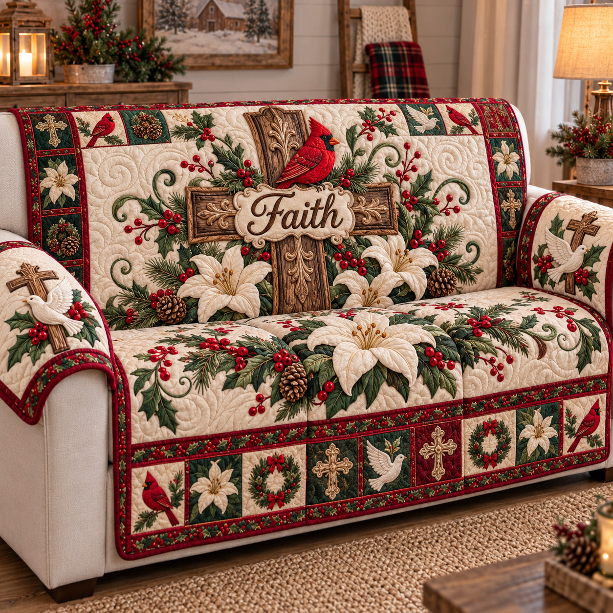 Cardinal Cross Blessings Quilted Sofa Cover Cozy Living Xmas Decor Gift For Parents