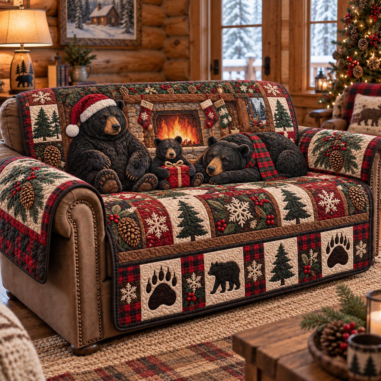 Cozy Christmas Bears Quilted Sofa Cover House Holiday Decor Items Christmas Presents