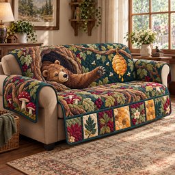 Bear Honey Harvest Quilted Sofa Cover Cozy Living Room Xmas Decor Bear Lover Gift