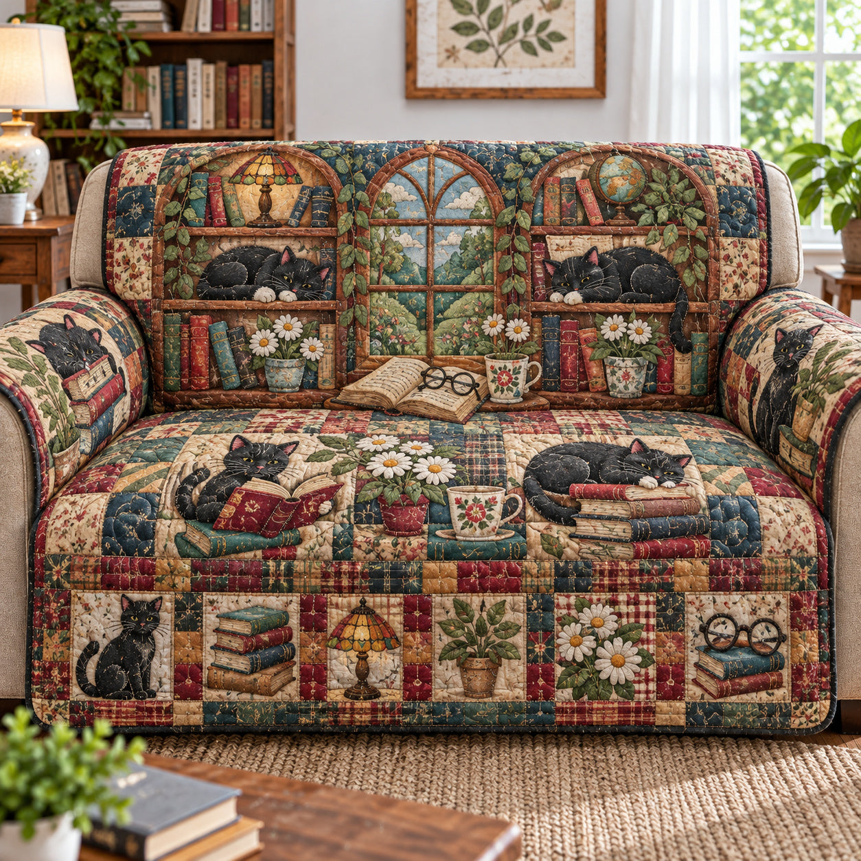 Cat Book Wonderland Quilted Sofa Cover House Holiday Decor Items Xmas Gifts