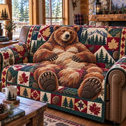 Bear Forest Quilted Sofa Cover Cozy Living Room Xmas Decor Holiday Gifts For Dad