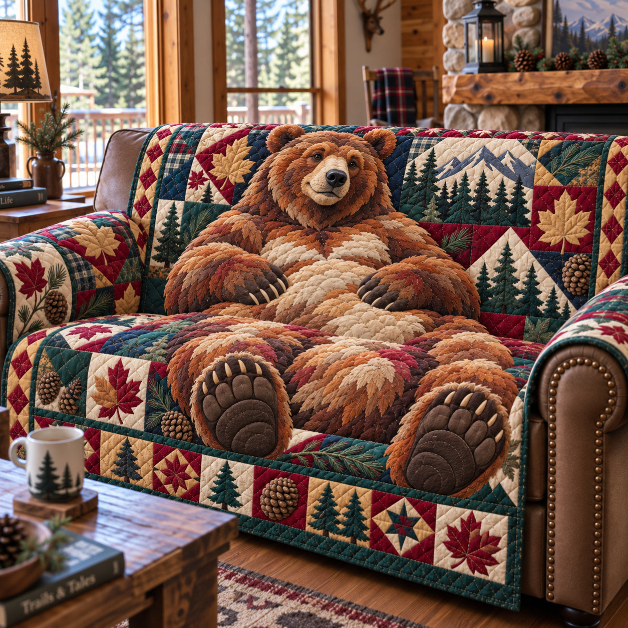 Bear Forest Quilted Sofa Cover Cozy Living Room Xmas Decor Holiday Gifts For Dad