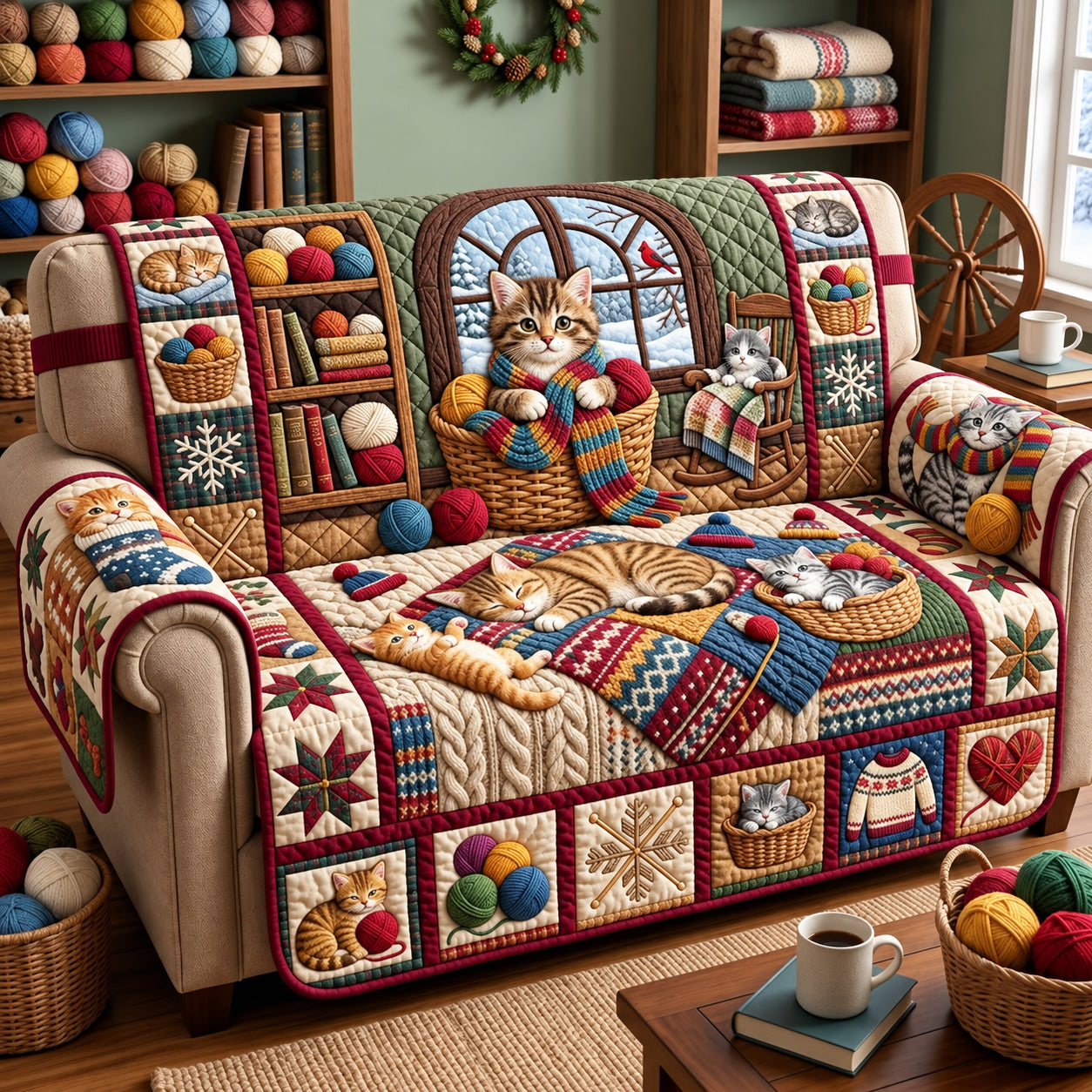 Cozy Yarn Cat Quilted Sofa Cover Xmas Decorative Couch Cover Gift For Pet Owners
