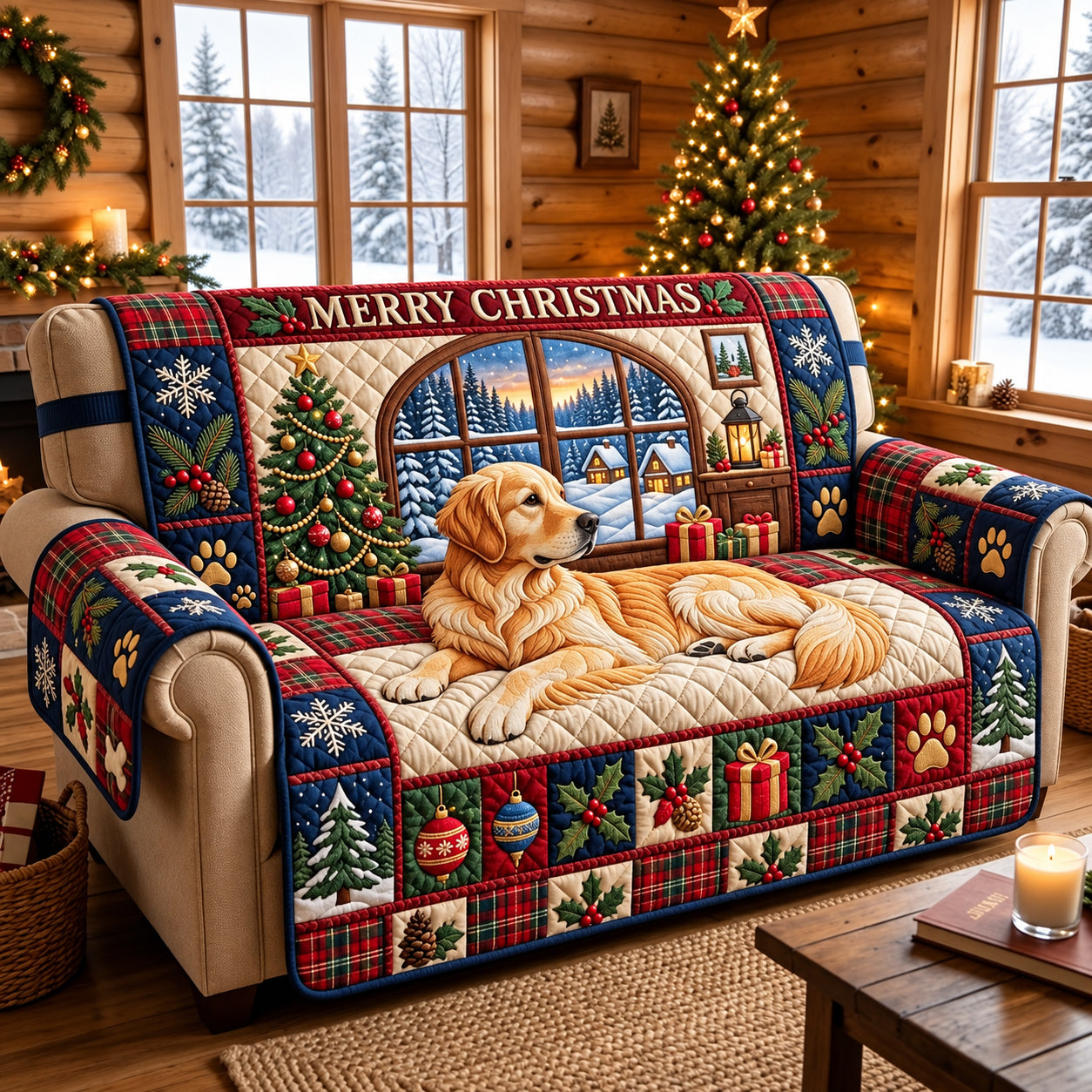 Golden Christmas Quilted Sofa Cover Merry Christmas Home Decor Holiday Gifts